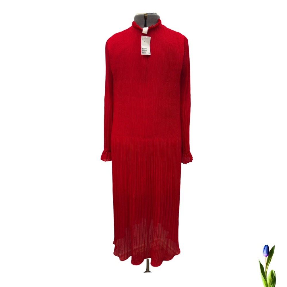 H&M Red pleated Chiffon Midi Dress size 4 - Picture 4 of 8